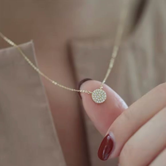 Sterling Silver Pave Round Necklace ,Gold plated Stimulant Pave Circle Disc Neck - Picture 1 of 4